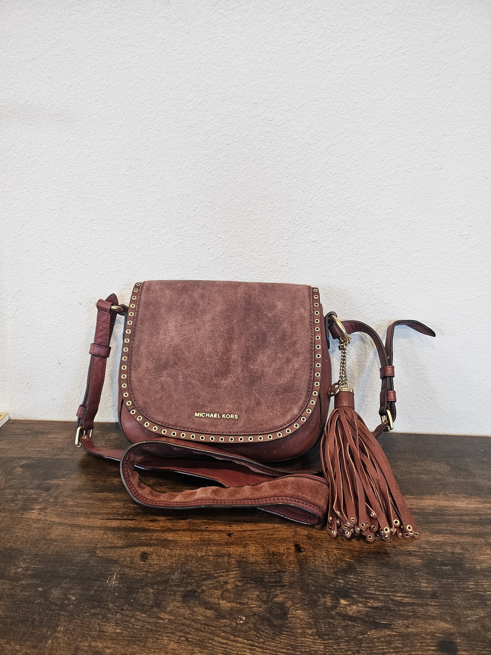 Michael Kors Brooklyn Suede Studded Saddle Bag